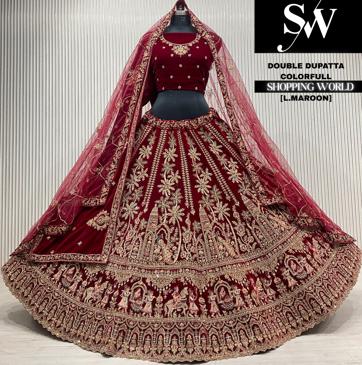 L.maroon velvet double dupatta Lehenga