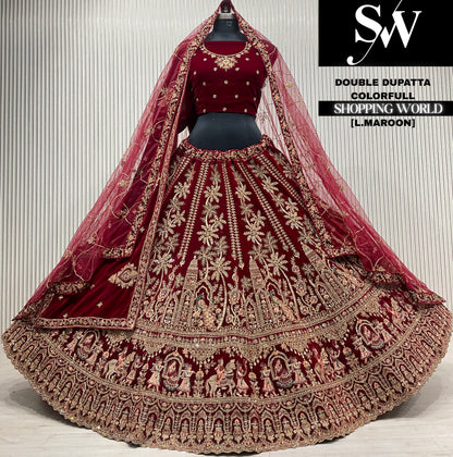L.maroon velvet double dupatta Lehenga
