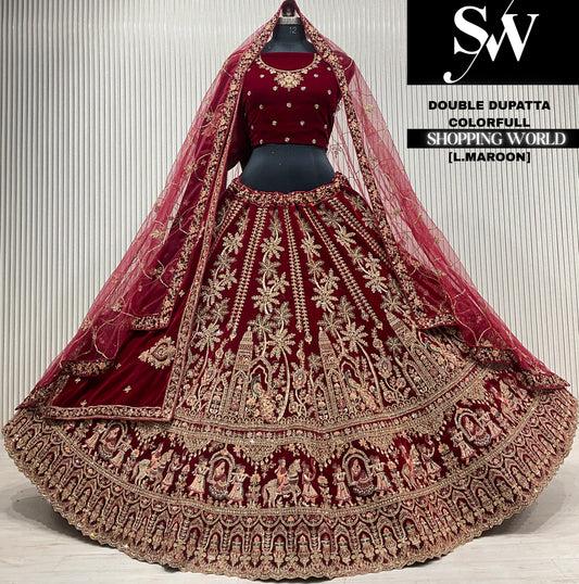 Rani pink velvet double dupatta Lehenga