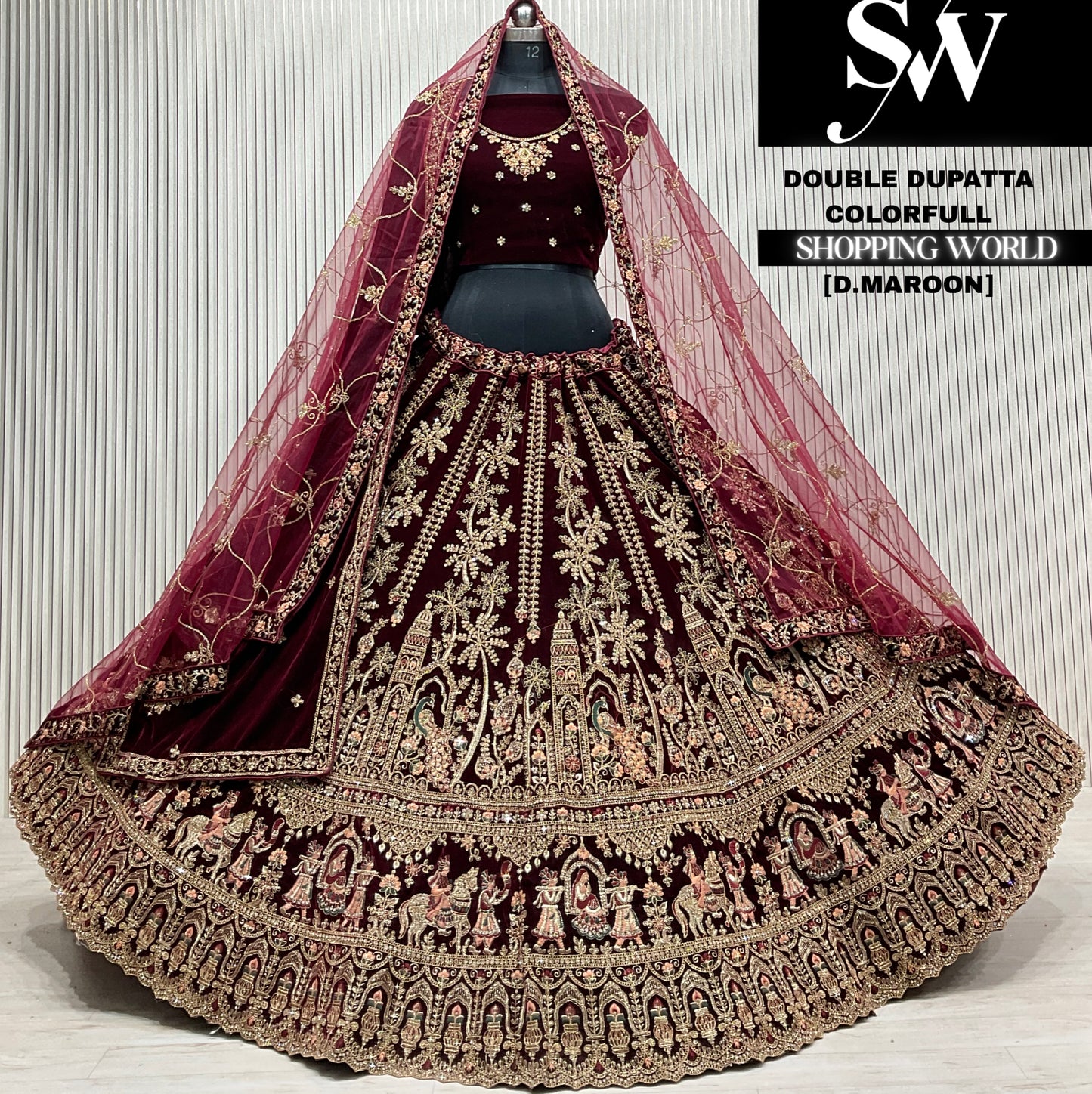 L.maroon velvet double dupatta Lehenga