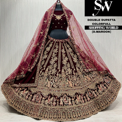 L.maroon velvet double dupatta Lehenga