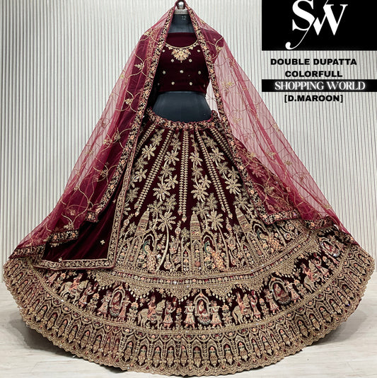 L.maroon velvet double dupatta Lehenga