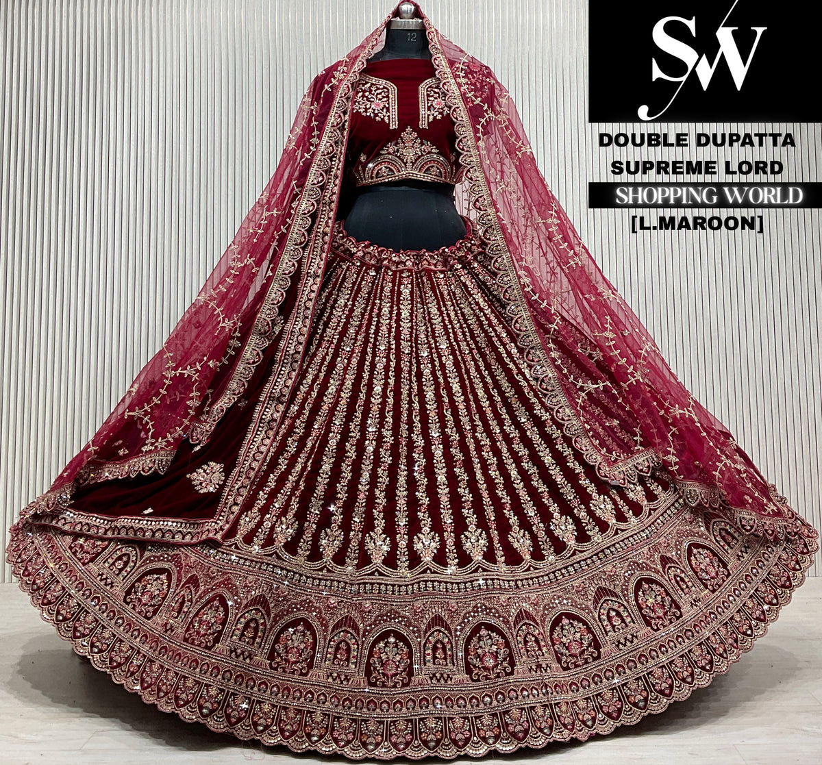 D.maroon velvet double dupatta Lehenga