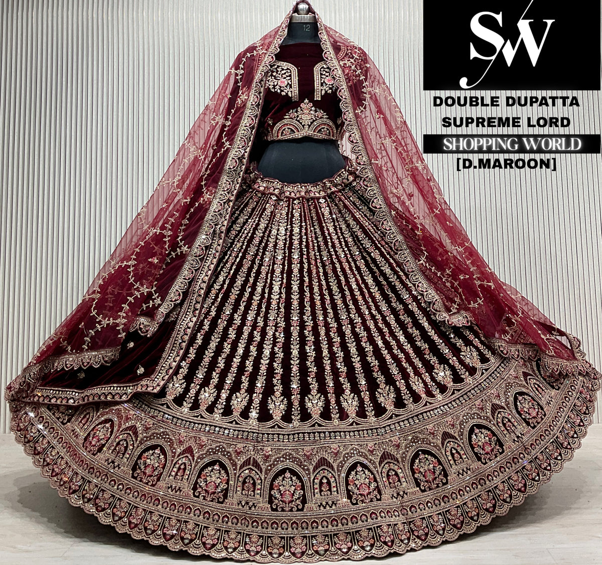 D.maroon velvet double dupatta Lehenga