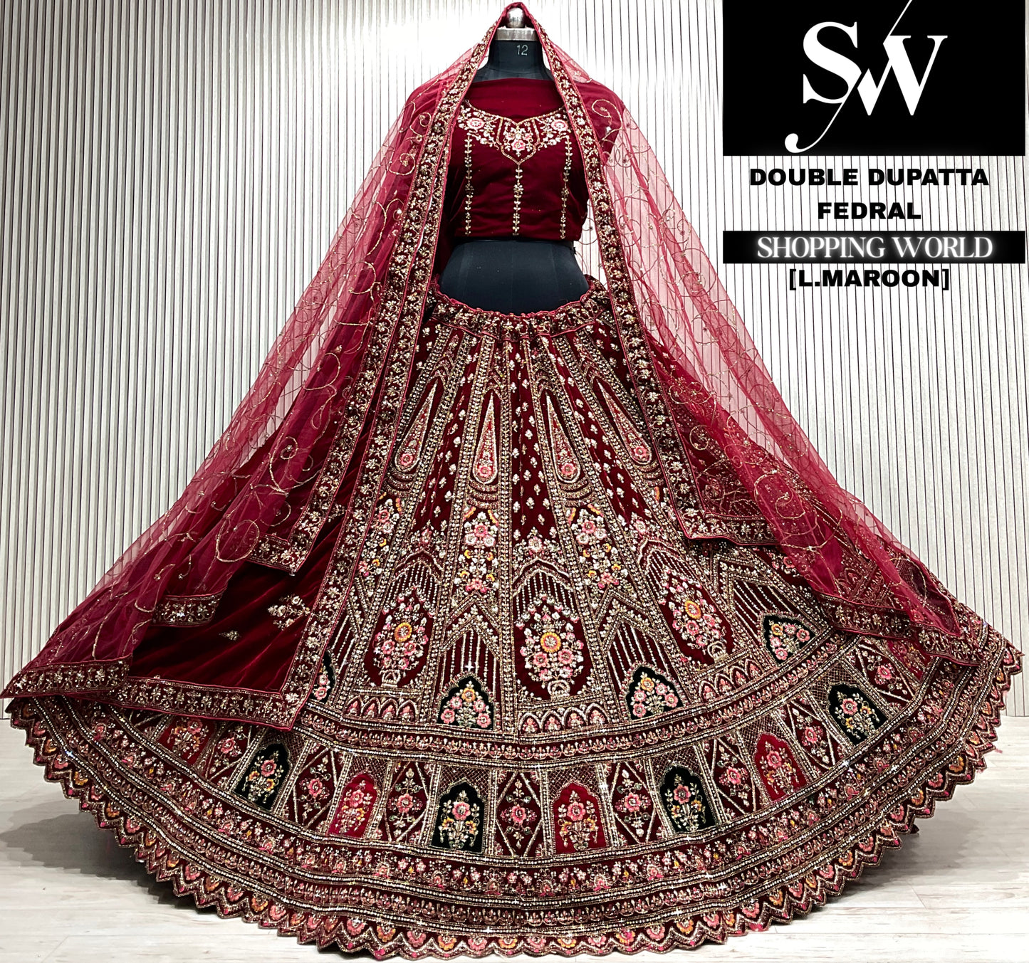 D.maroon velvet double dupatta Lehenga