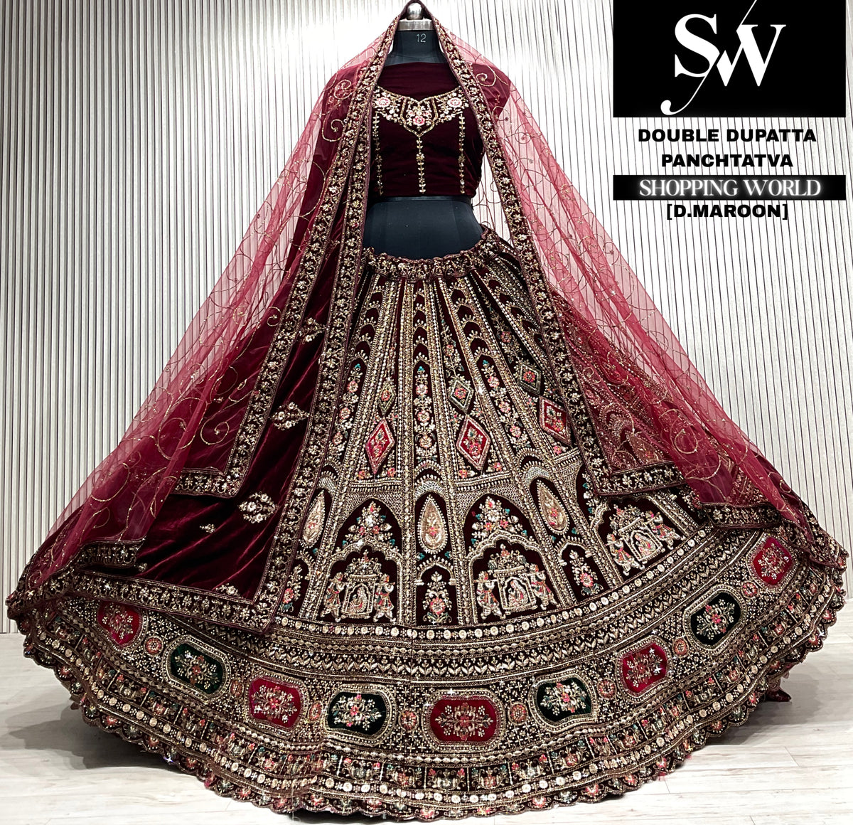 D.maroon velvet double dupatta Lehenga