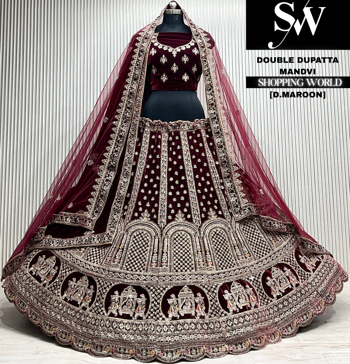 D.maroon velvet double dupatta Lehenga