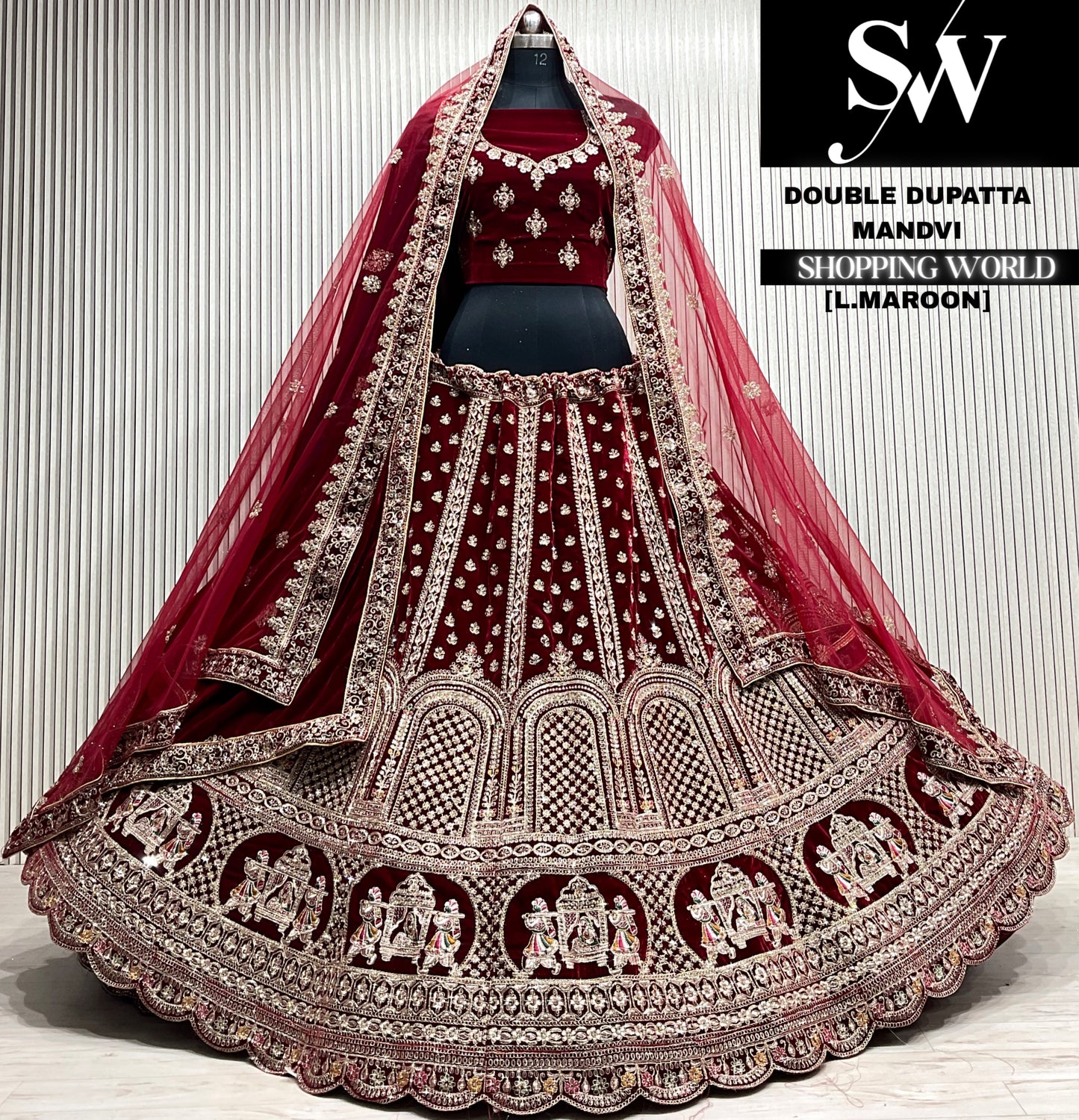 D.maroon velvet double dupatta Lehenga
