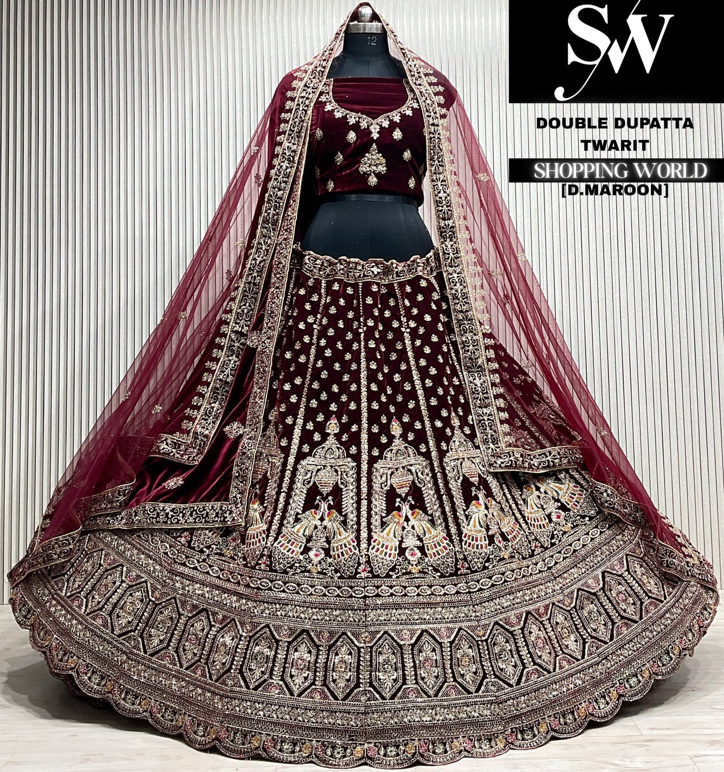D.maroon velvet double dupatta Lehenga