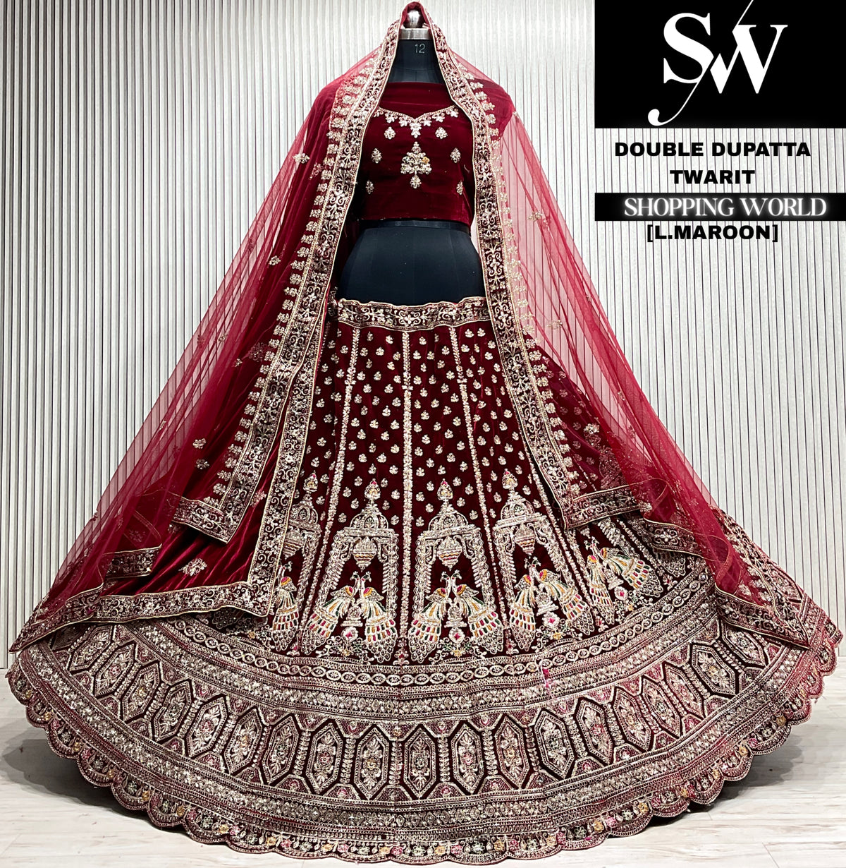 D.maroon velvet double dupatta Lehenga