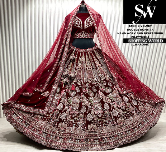 L.maroon velvet double dupatta Lehenga