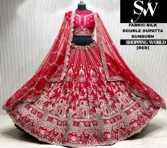 Red velvet double dupatta Lehenga