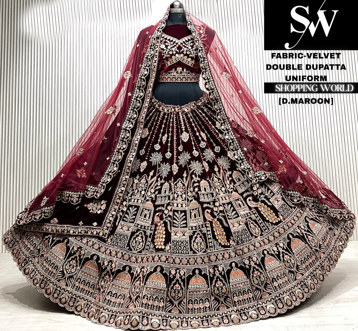 D.maroon velvet double dupatta Lehenga