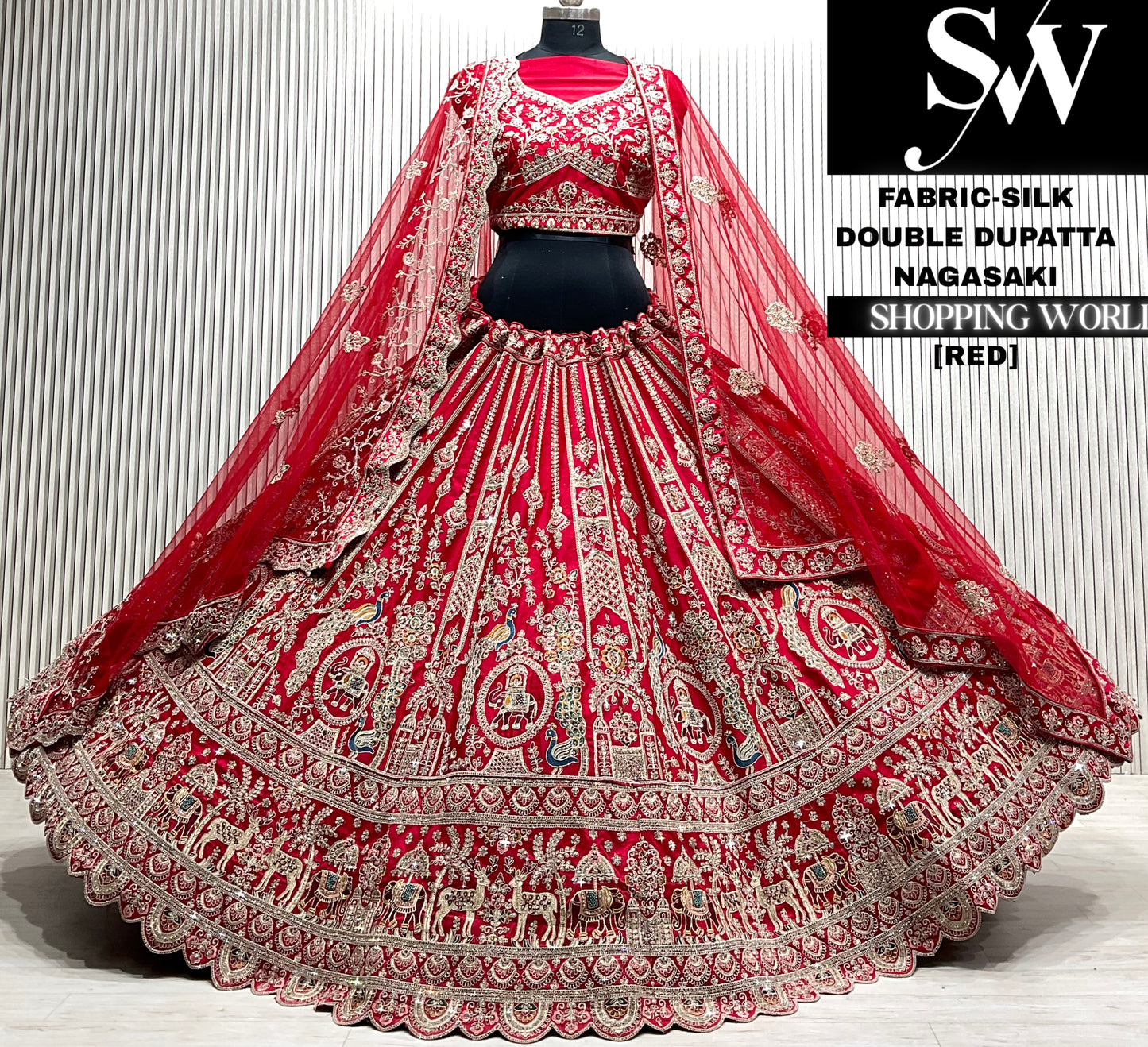 Red velvet double dupatta Lehenga