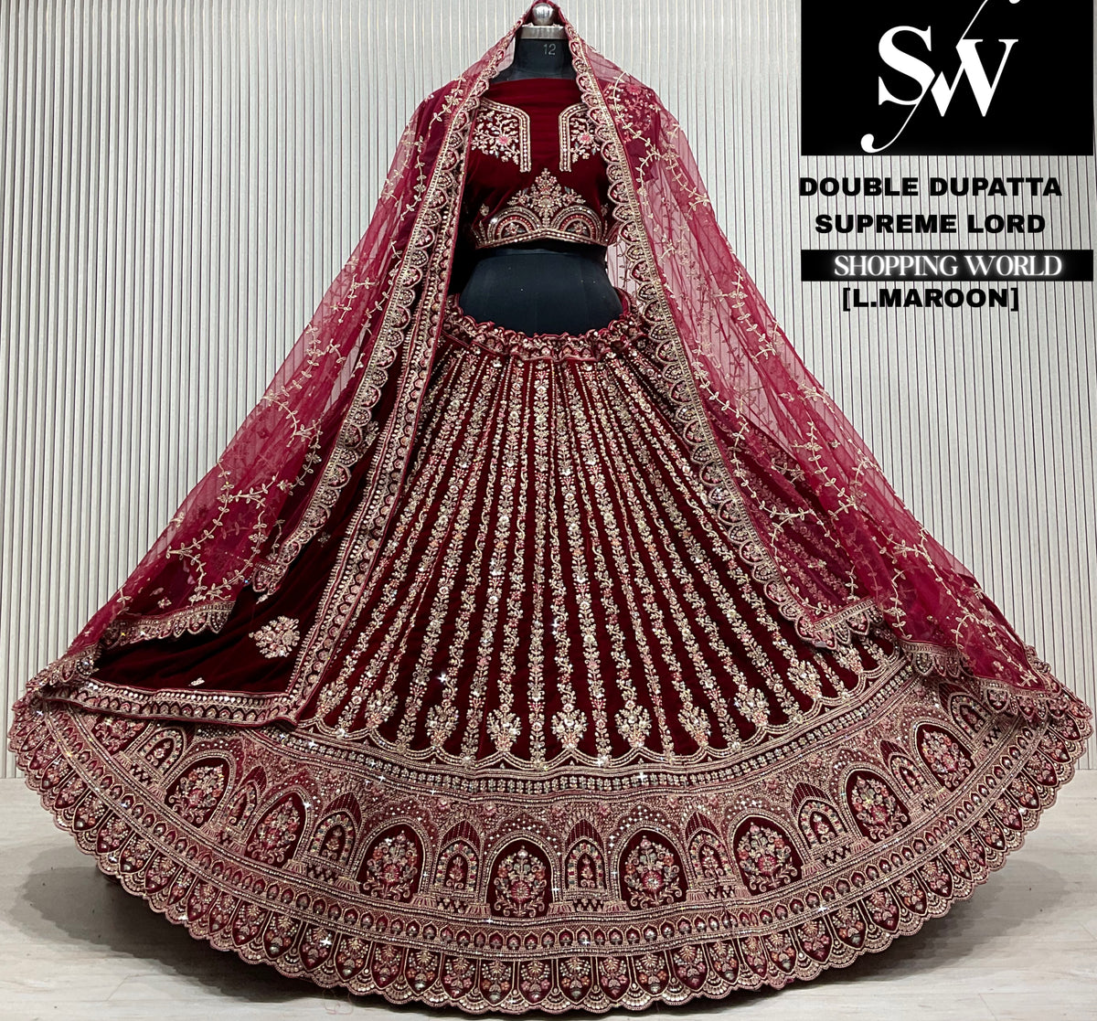 D.maroon velvet double dupatta Lehenga