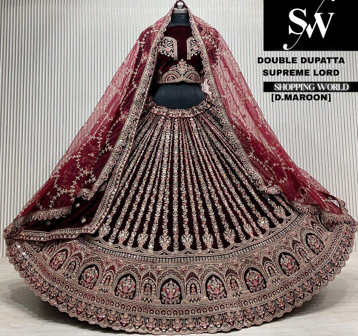 D.maroon velvet double dupatta Lehenga