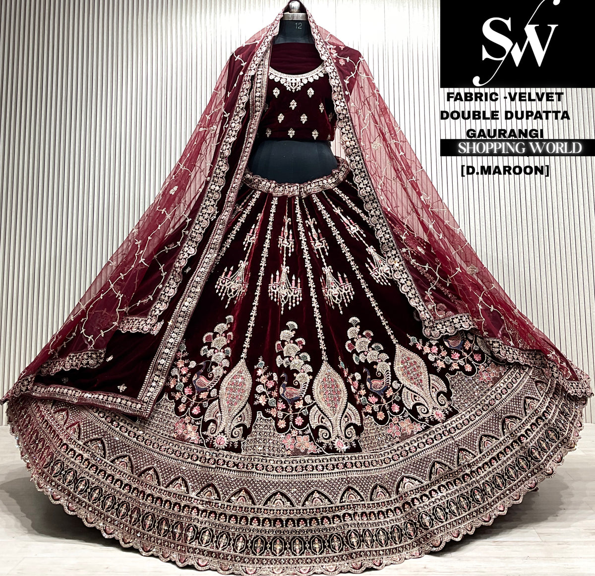 D.maroon velvet double dupatta Lehenga