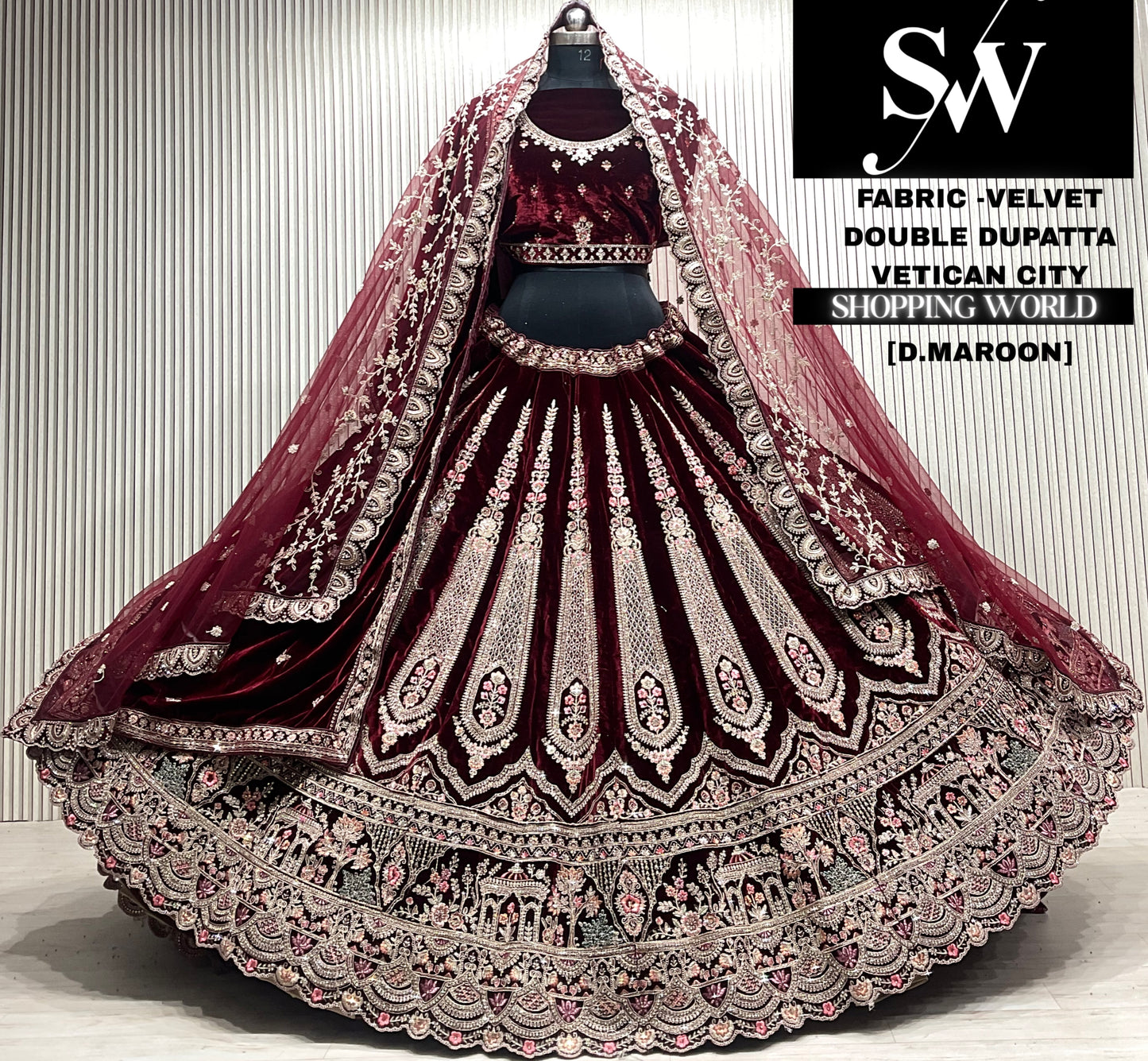 D.maroon velvet double dupatta Lehenga