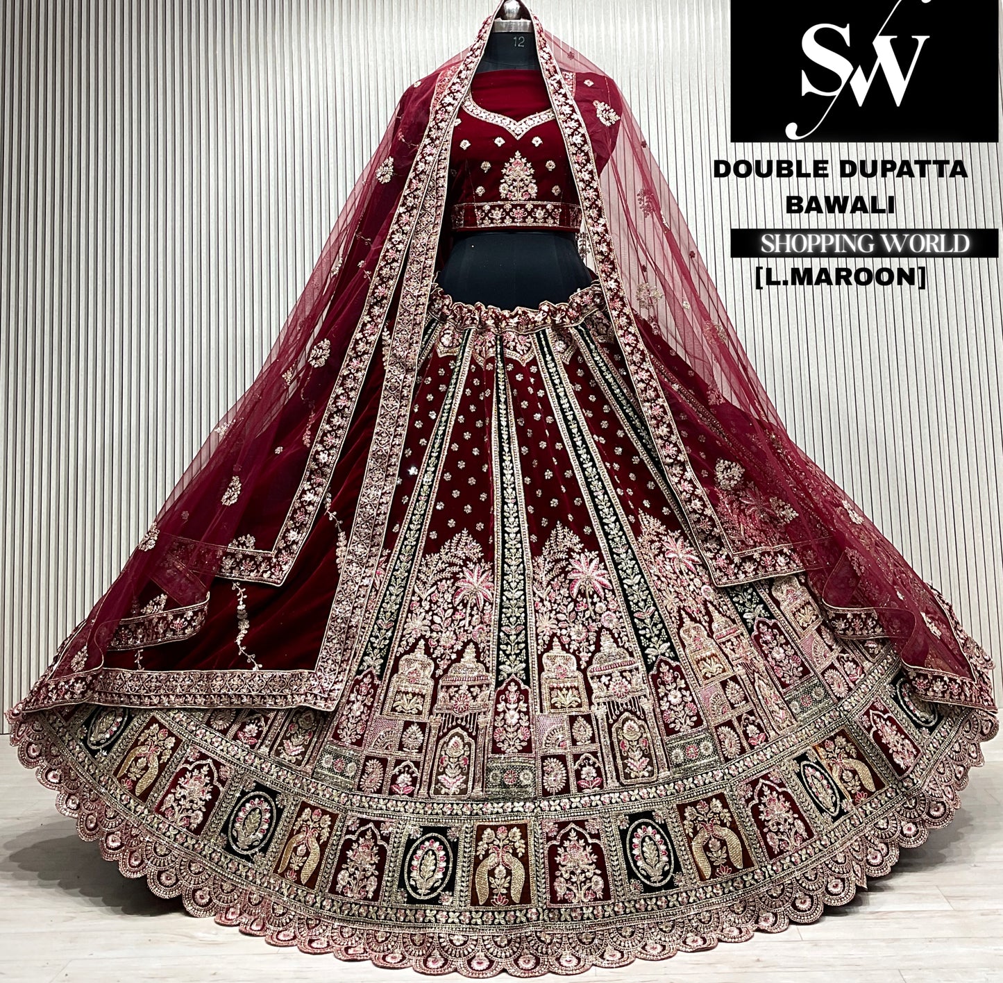 D.maroon velvet double dupatta Lehenga