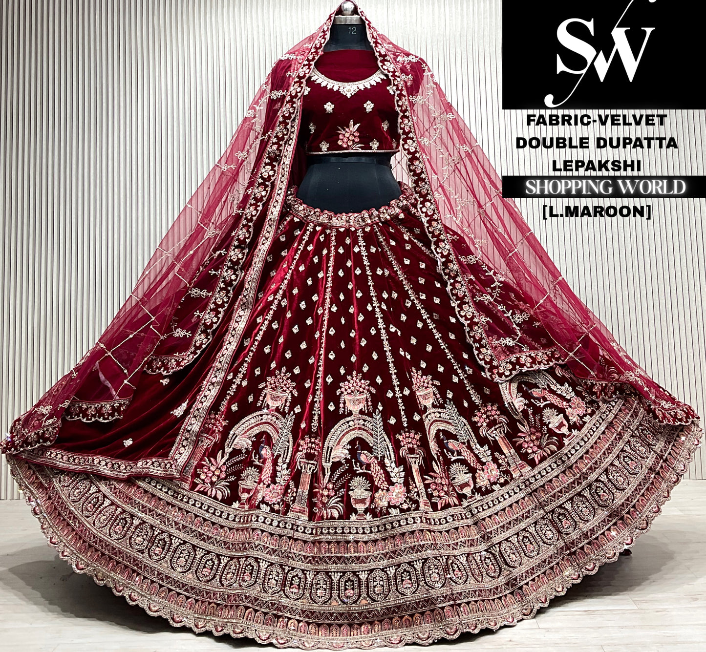 L.maroon velvet double dupatta Lehenga
