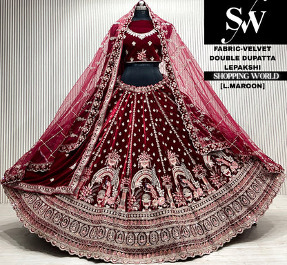 L.maroon velvet double dupatta Lehenga