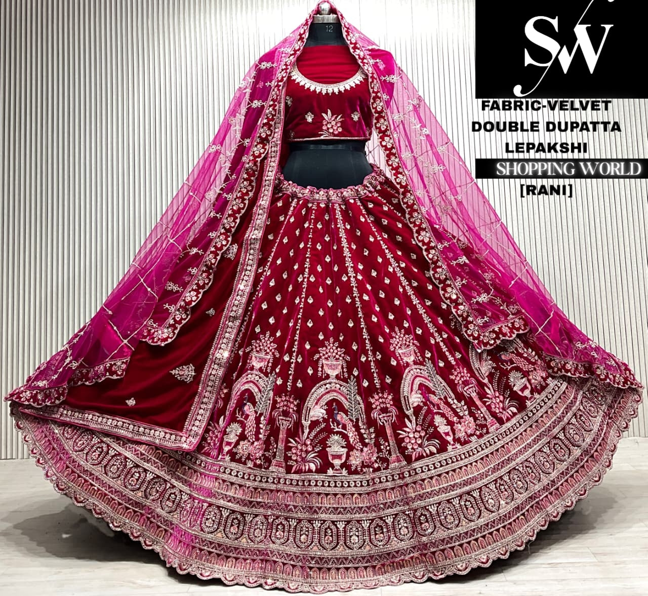 L.maroon velvet double dupatta Lehenga