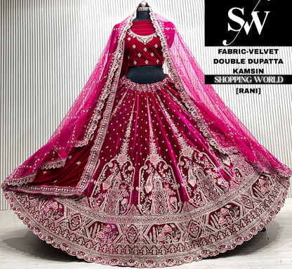 Rani pink silk double dupatta Lehenga
