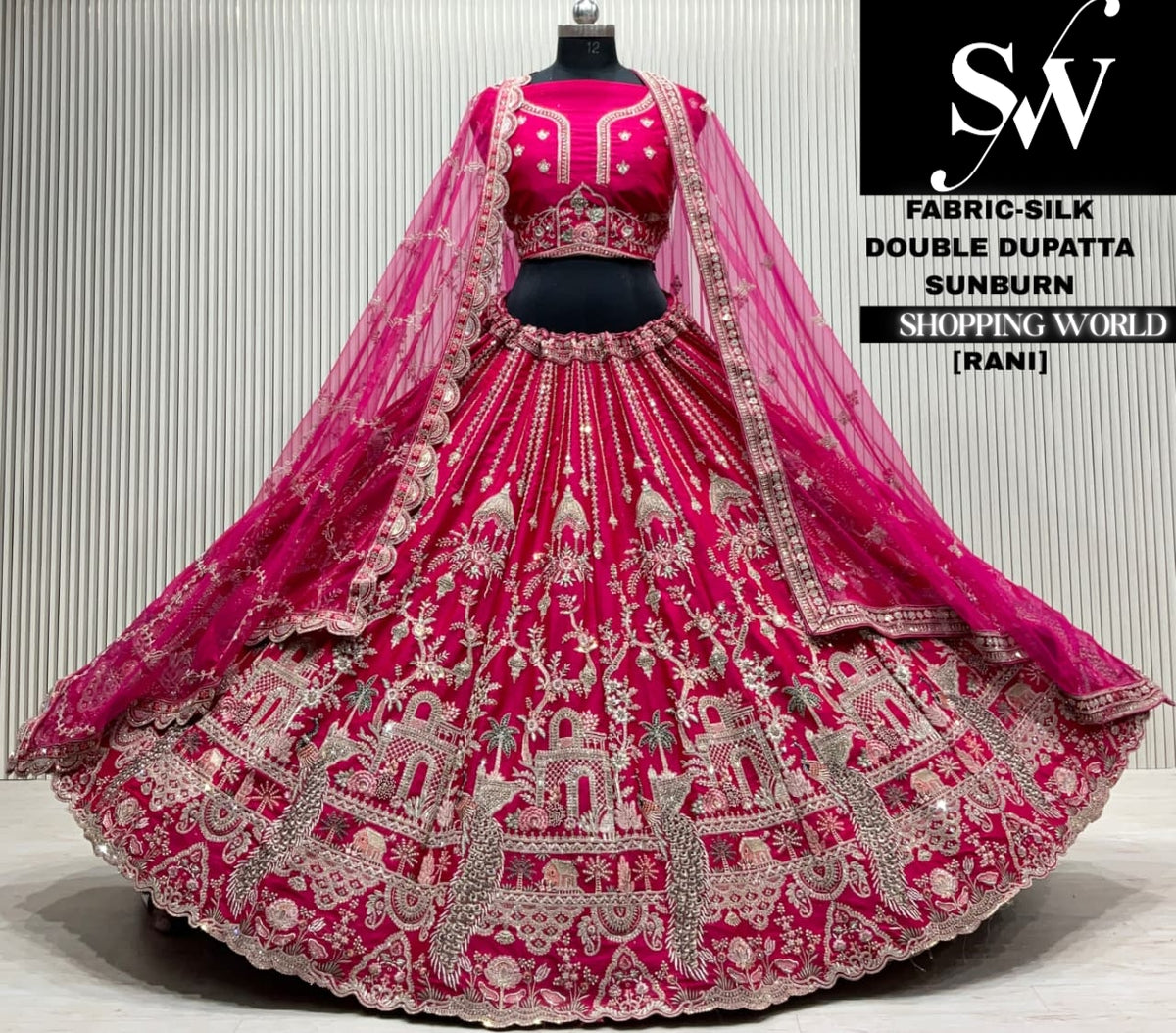 Rani pink silk double dupatta Lehenga