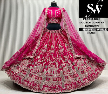 Rani pink silk double dupatta Lehenga
