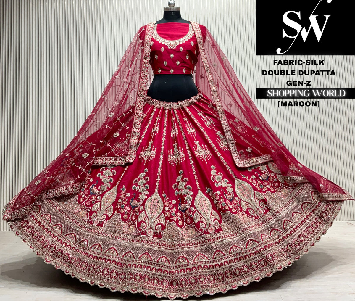 Maroon silk double dupatta Lehenga