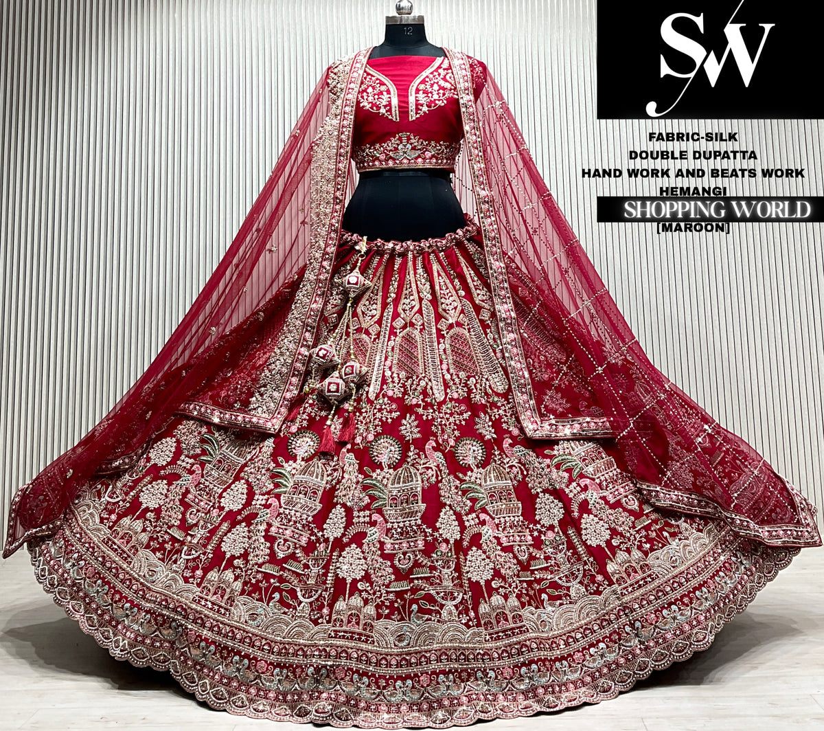Maroon silk double dupatta Lehenga