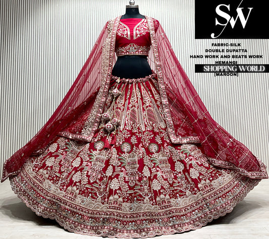Maroon silk double dupatta Lehenga