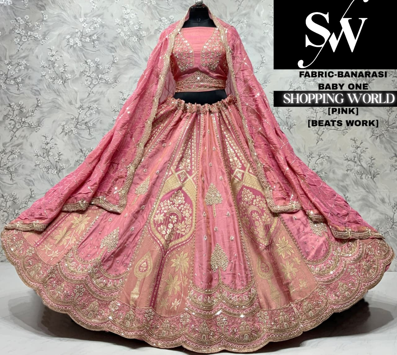 Pink banarasi crop top Lehenga