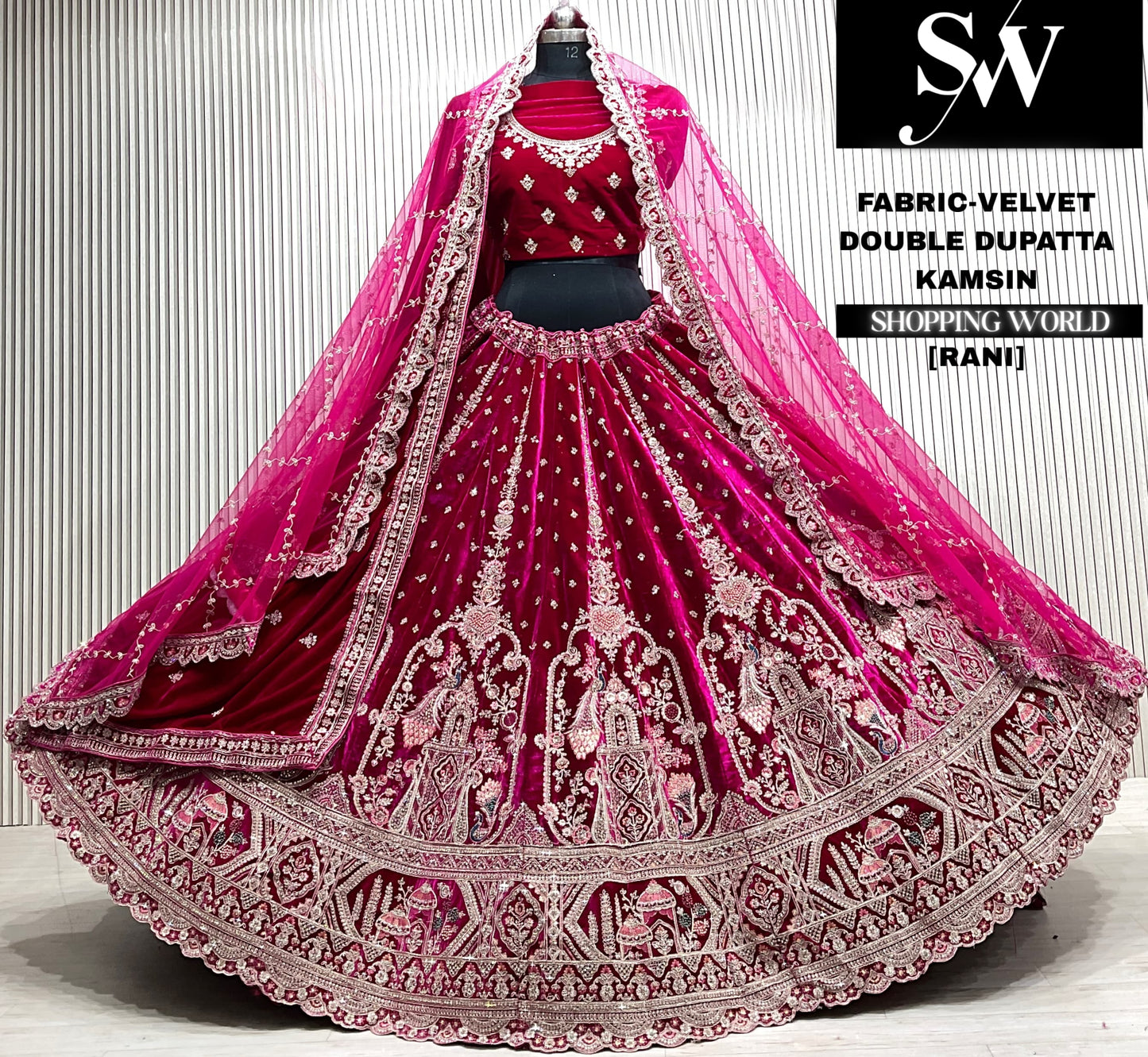 L.maroon velvet bridal double dupatta Lehenga