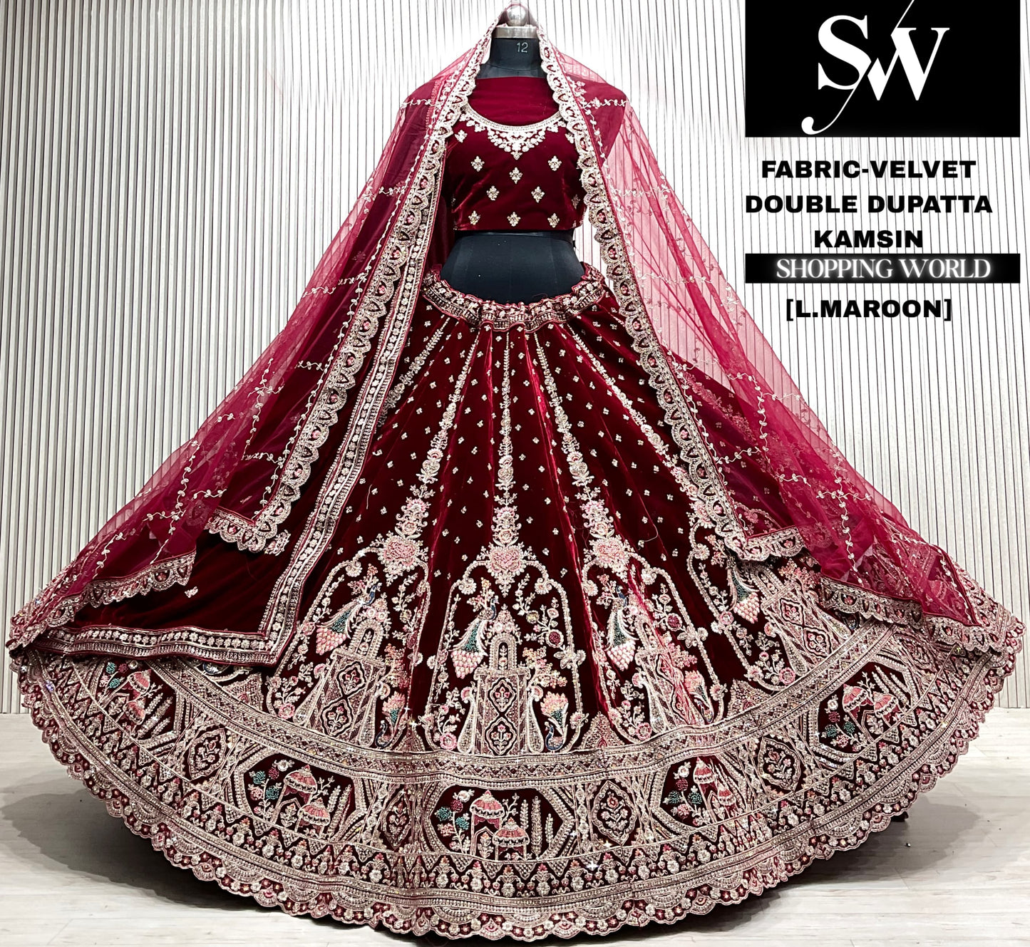 L.maroon velvet bridal double dupatta Lehenga