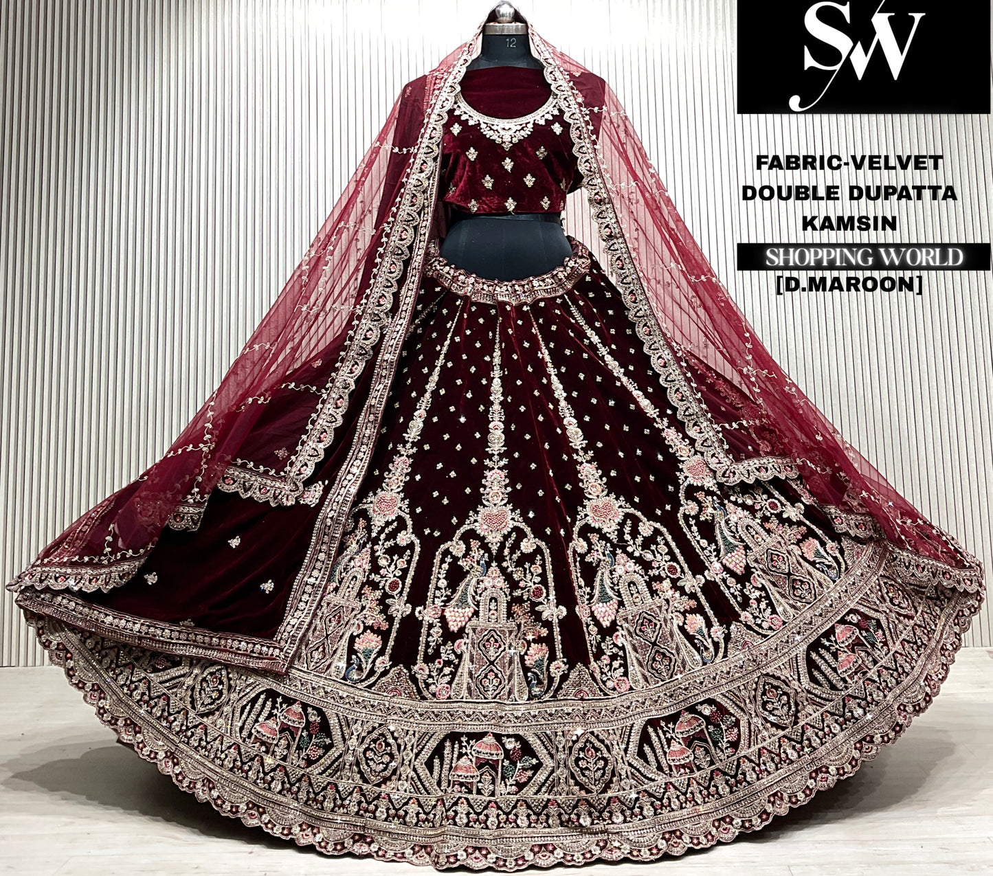 L.maroon velvet bridal double dupatta Lehenga