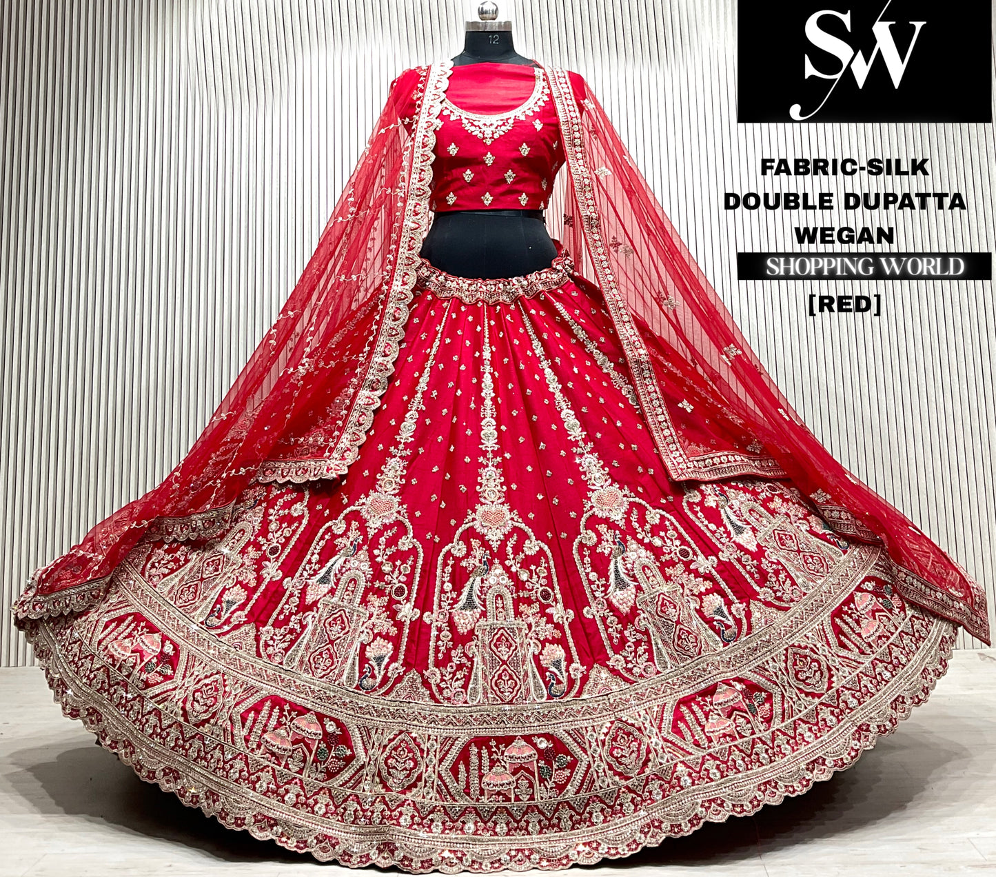 Red velvet bridal double dupatta Lehenga