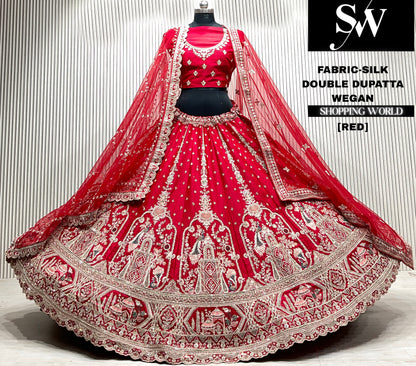 Red velvet bridal double dupatta Lehenga