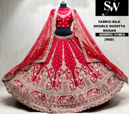 Red velvet bridal double dupatta Lehenga