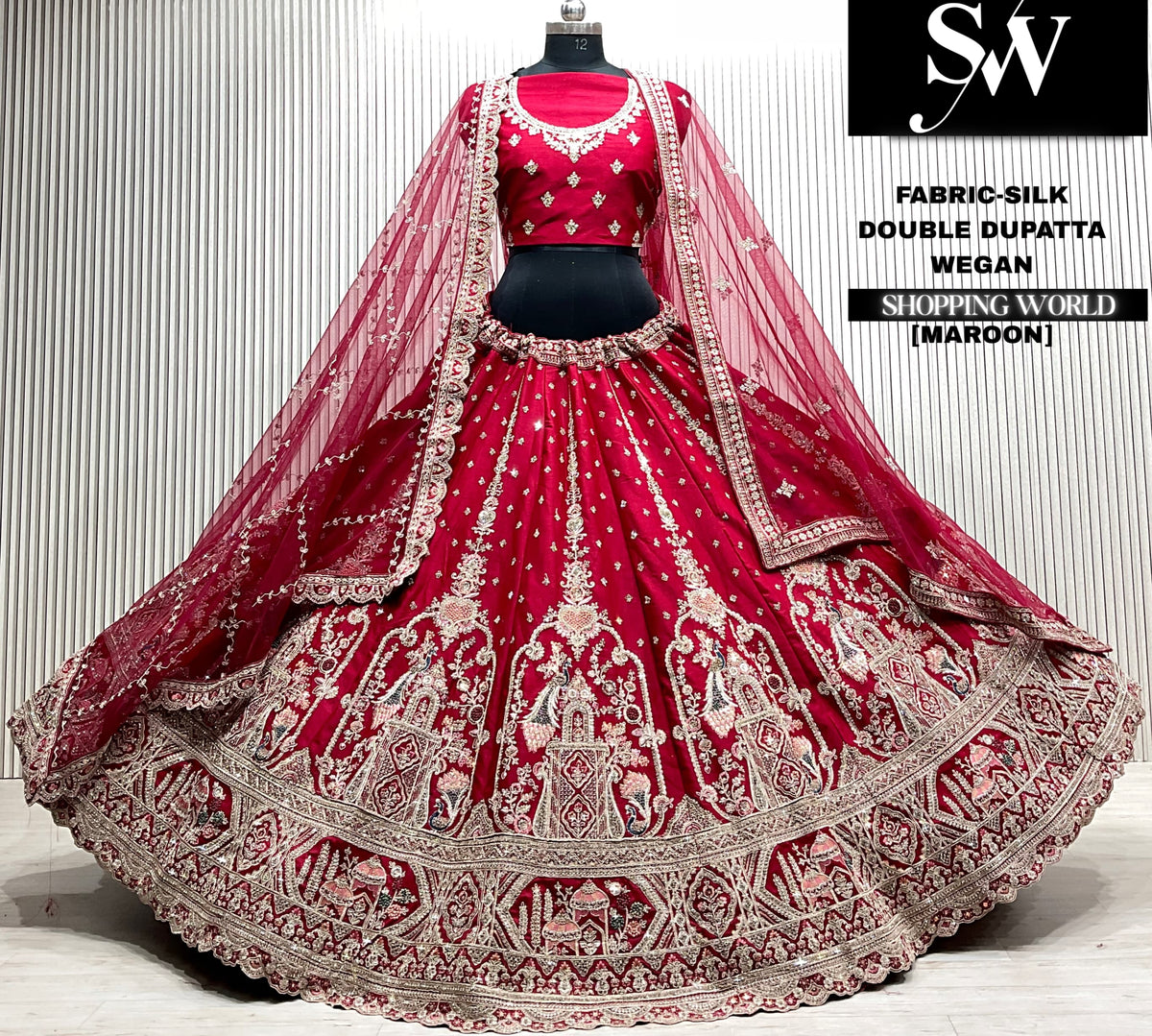 Red velvet bridal double dupatta Lehenga