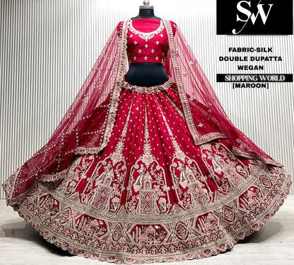 Red velvet bridal double dupatta Lehenga