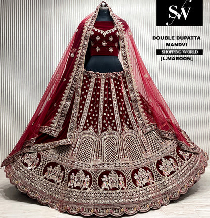 L.maroon velvet bridal double dupatta Lehenga