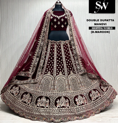 L.maroon velvet bridal double dupatta Lehenga