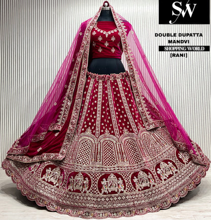L.maroon velvet bridal double dupatta Lehenga