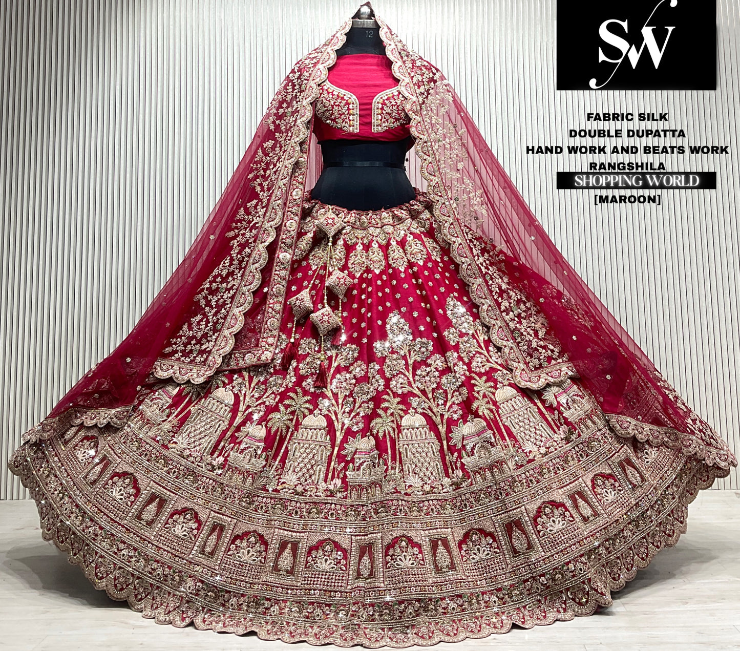 Maroon velvet bridal double dupatta Lehenga