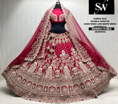 Maroon velvet bridal double dupatta Lehenga