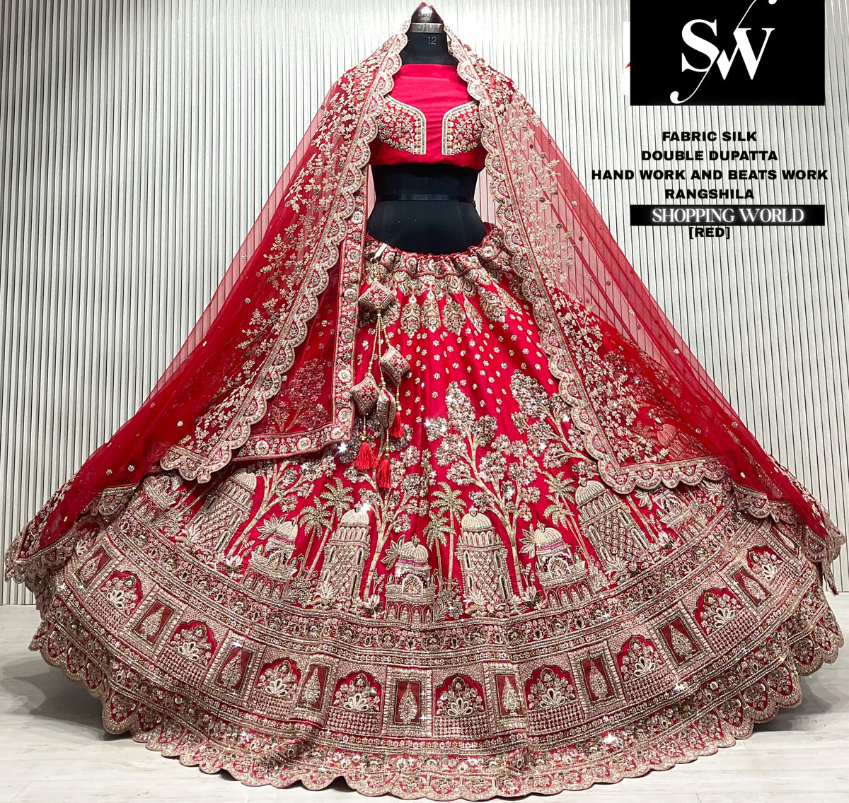 Maroon velvet bridal double dupatta Lehenga