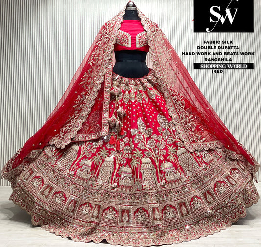 Maroon velvet bridal double dupatta Lehenga