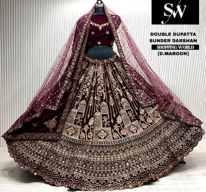 D.maroon velvet bridal double dupatta Lehenga