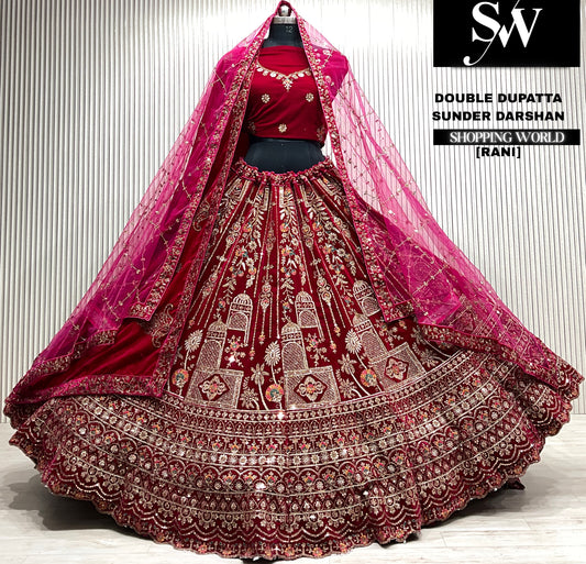 Rani pink velvet bridal double dupatta Lehenga